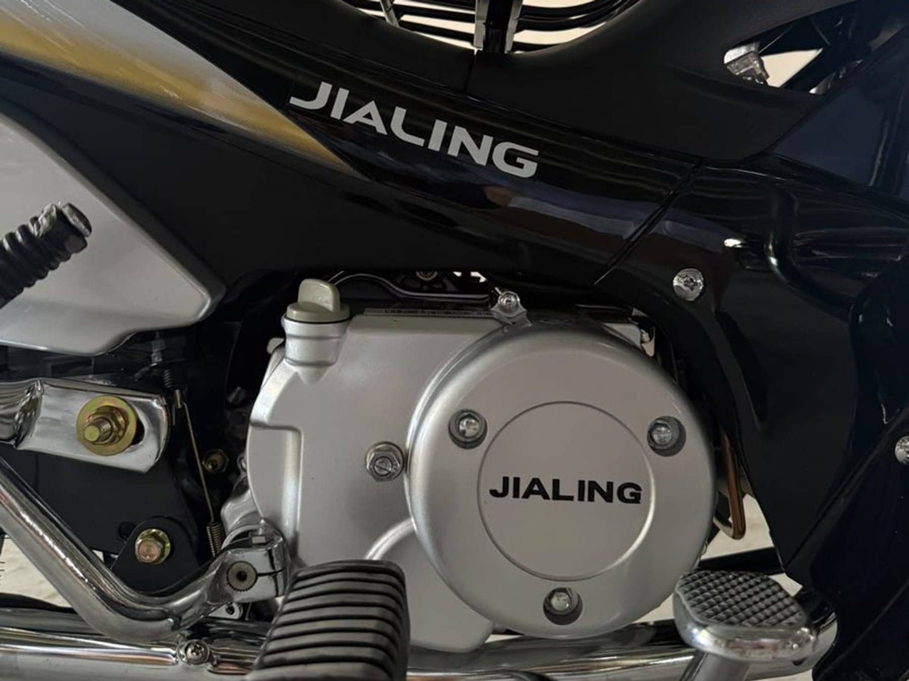 Carter moteur d'une moto Jialing neuve, logo JIALING moulé dans le métal